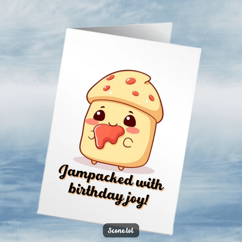 Funny Free Printable Birthday Card: A scone character beams with delight, jam happily splattered all over its face.