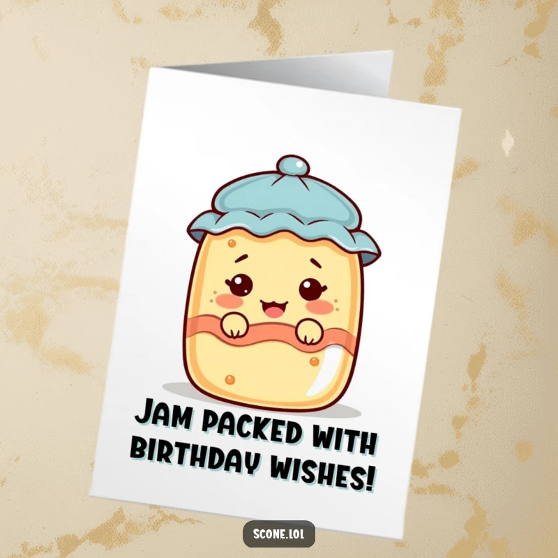Funny Free Printable Birthday Card of a scone character making a silly face while peeking out of a jam jar.