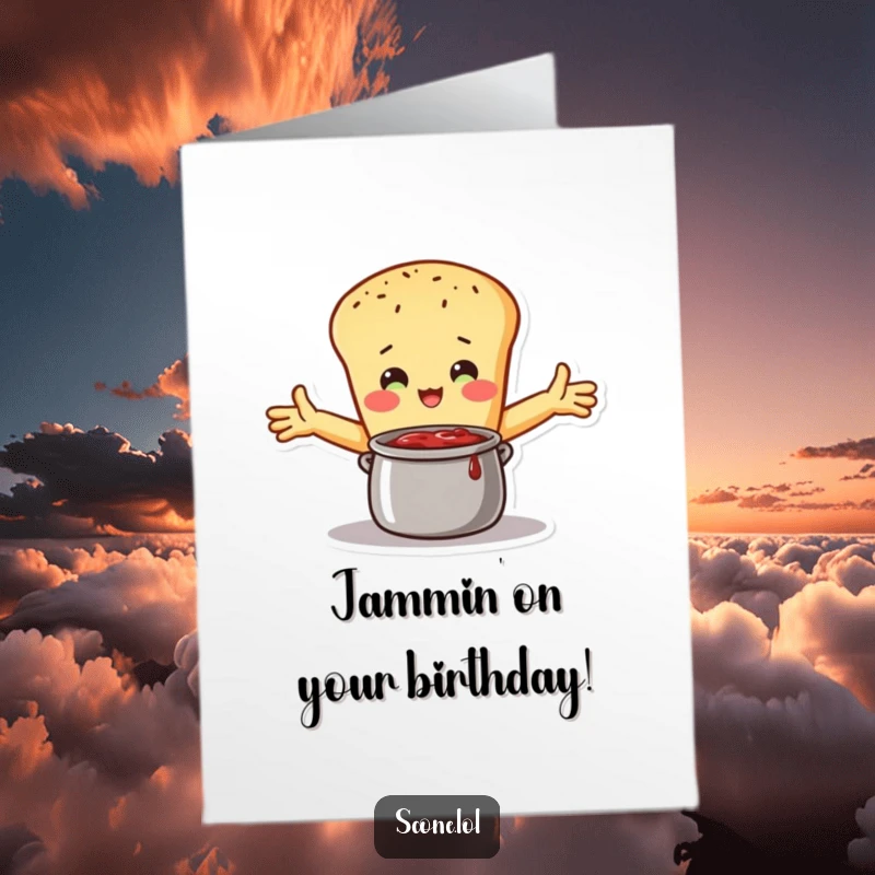 Funny Free Printable Birthday Card: Scone character with arms wide open, affectionately embracing a jar of jam.