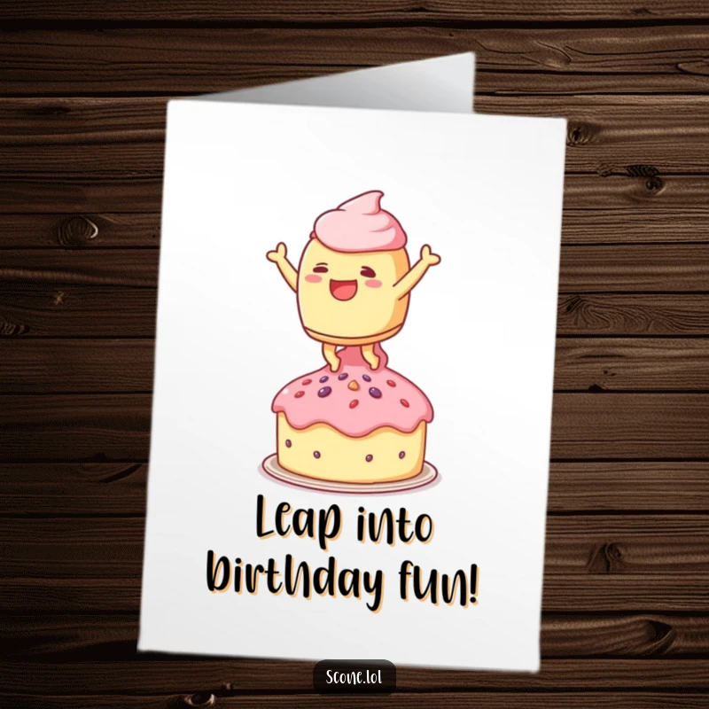 Funny Free Printable Birthday Card: A scone character leaps joyfully onto a tiny teacake, celebrating a special day.