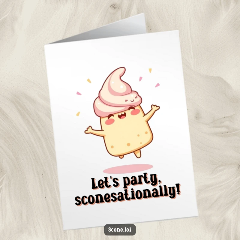 Funny Free Printable Birthday Card showing a scone character doing a happy celebratory spin, full of festive energy.