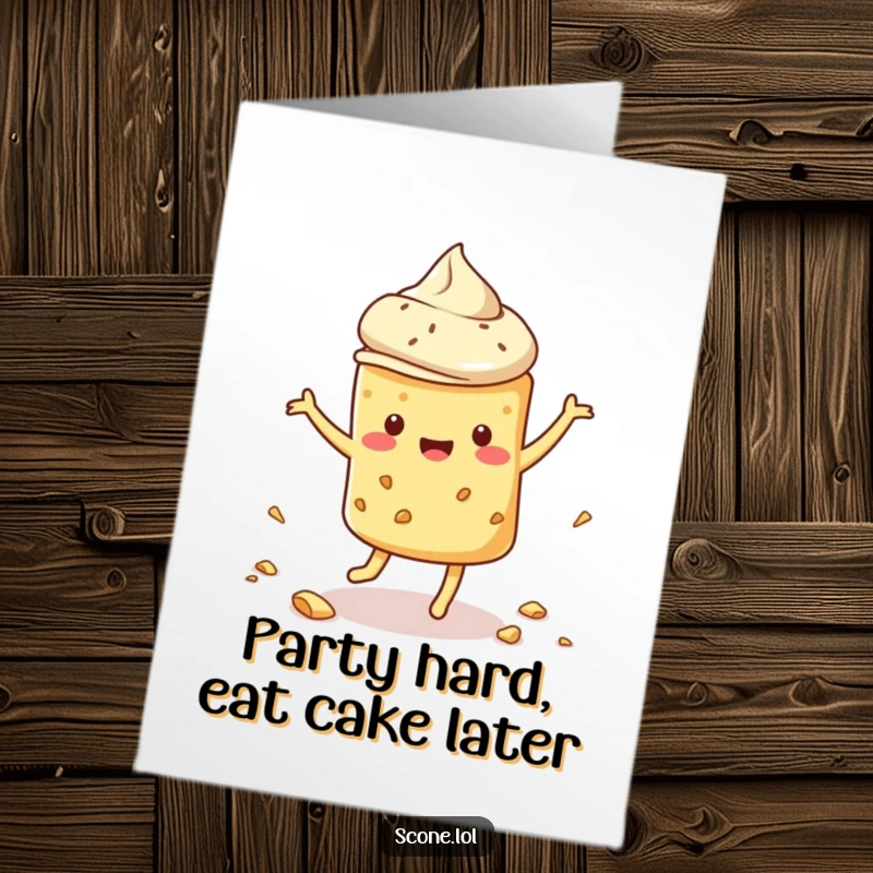 Funny Free Printable Birthday Card featuring a scone doing a silly dance with crumbs flying, full of joy.