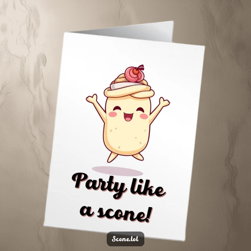 Funny Free Printable Birthday Card: A scone wearing a tiny teacup hat jumps with pure delight.