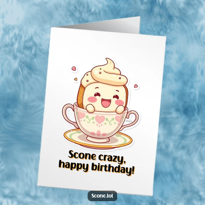 Funny Free Printable Birthday Card: A smiling scone character comically falling off the rim of a delicate teacup.