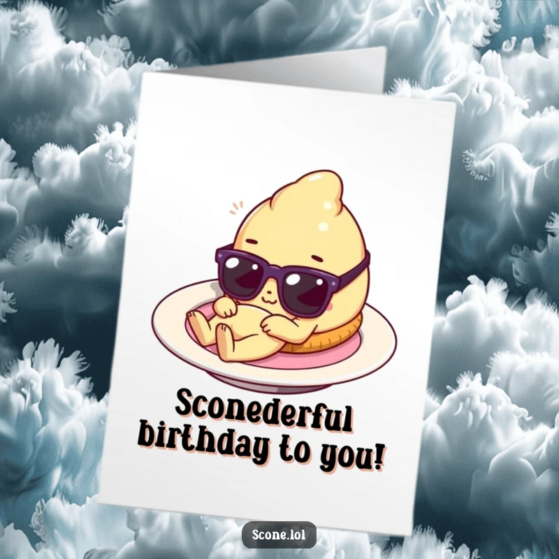 Funny Free Printable birthday card featuring a scone character in tiny sunglasses relaxing on a plate like a sun lounger.