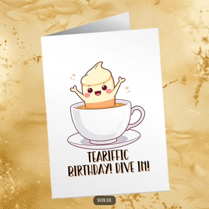 Funny Free Printable Birthday Card: A scone character hilariously leaps into a steaming cup of tea.