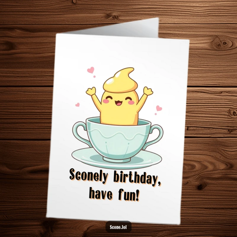 Funny Free Printable Birthday Card: A scone character performs a clumsy, joyful dance inside a delicate teacup.