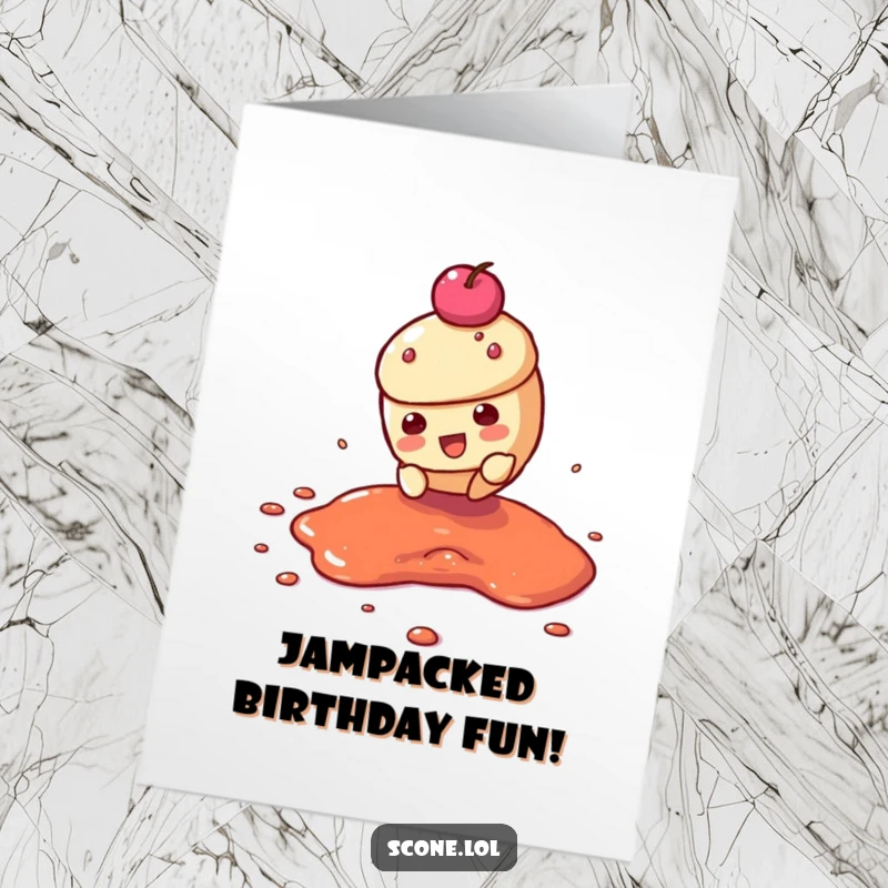 Funny Free Printable Birthday Card: A scone character dramatically sliding across a bright red jam puddle, mid-adventure.