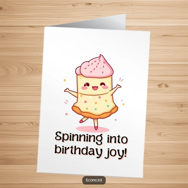 Funny Free Printable Birthday Card: A scone performs a whimsical pirouette with swirling jam. Energetic and delightful downloadable greeting.