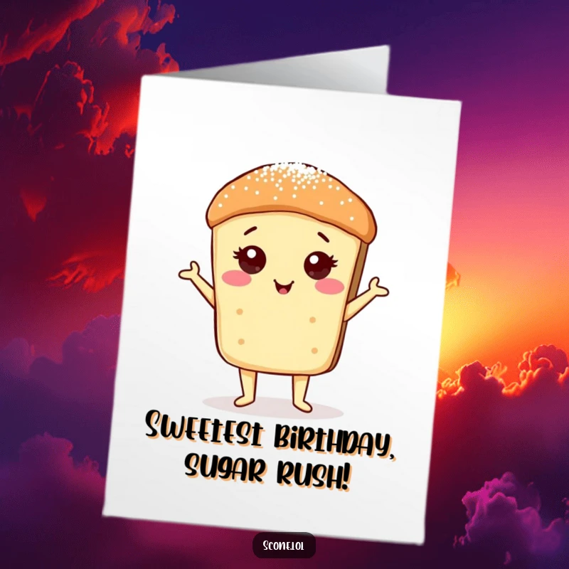 Elegant free printable birthday card showing a scone standing proudly with a sparkling dusting of sugar.