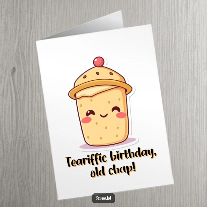 Funny Free Printable Birthday Card featuring a smiling scone character sporting a dapper tiny tea hat with cheerful flair.
