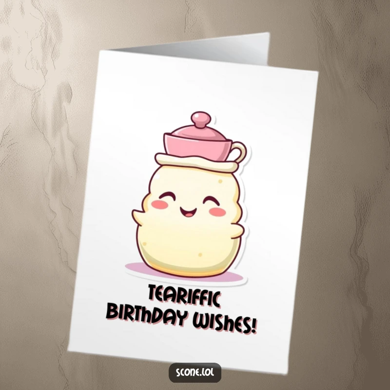 Funny Free Printable Birthday Card: A grinning scone character wears a tiny teacup jauntily as a hat, ready for tea.