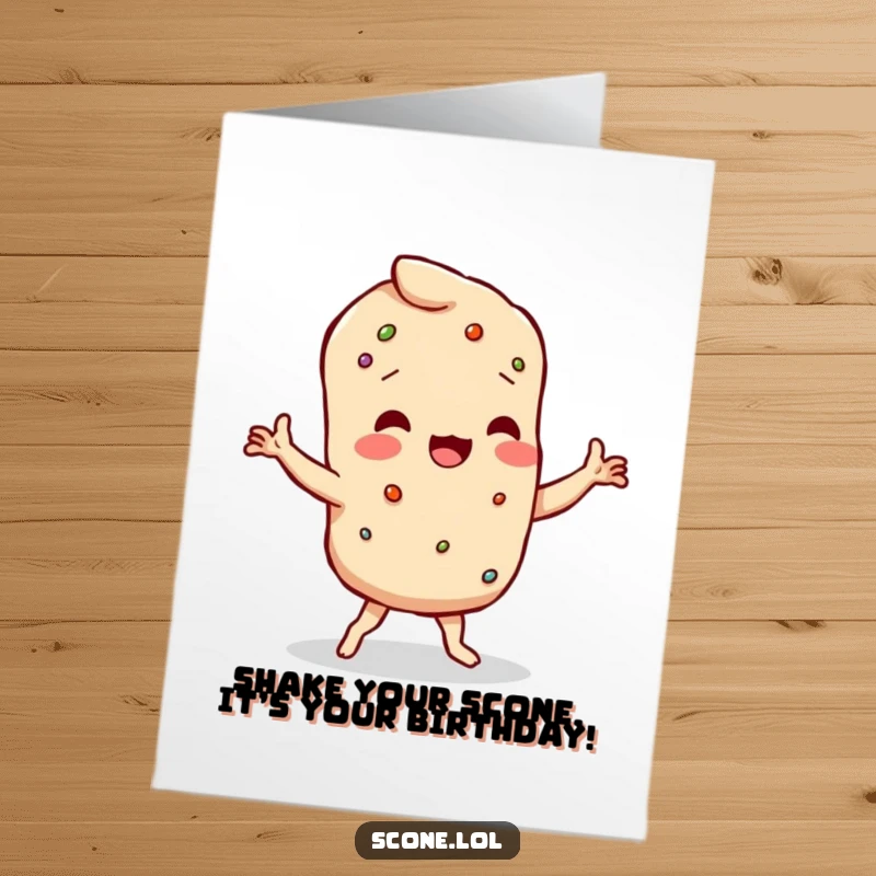 Funny Free Printable Birthday Card of a scone character with crumbly limbs doing a wobbly dance.