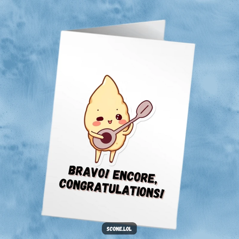Funny Free Printable Congratulations Card: A scone enthusiastically plays a tiny spoon like a musical instrument to celebrate.