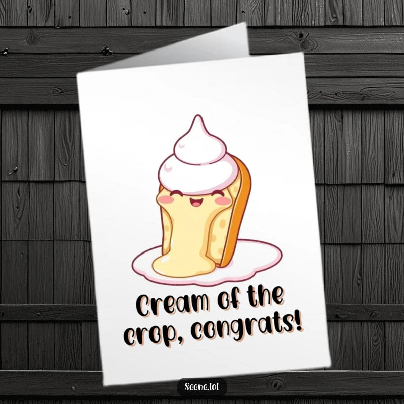Humorous free printable congratulations card depicting a scone enjoying a joyful slide down a creamy topping.