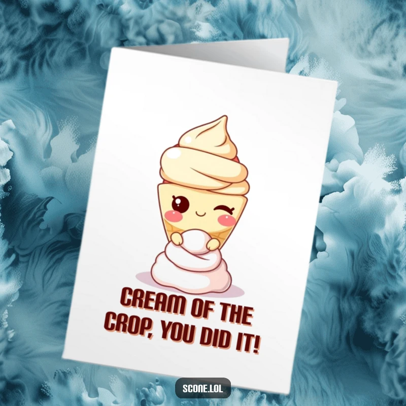 Funny free printable congratulations card with a winking scone character balancing cream, celebrating success.