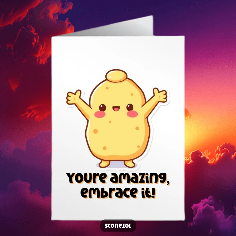 Funny Free Printable Congratulations Card showing a happy scone with arms outstretched, cheering enthusiastically.