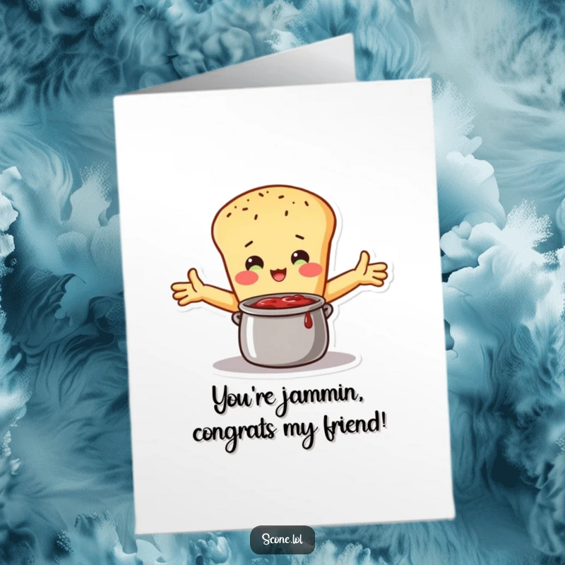 Funny Free Printable Congrats Card: Scone character embracing a pot of jam with open arms, symbolizing delight.