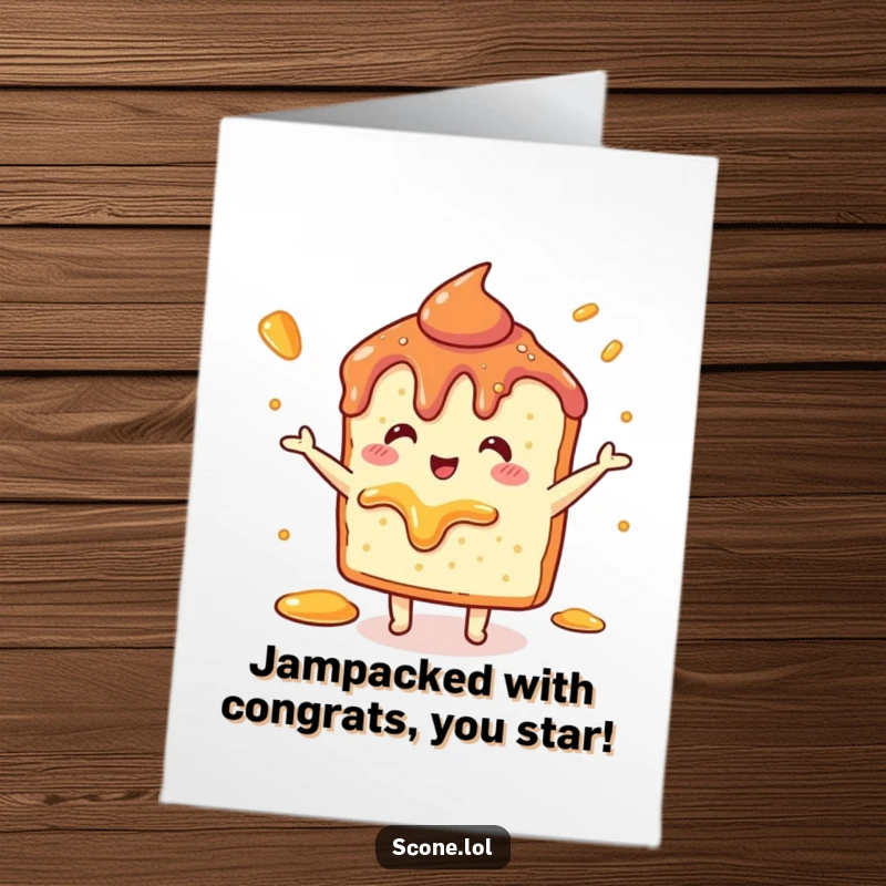 Humorous free printable congratulations card with a scone dancing joyfully amidst a spread of jam.