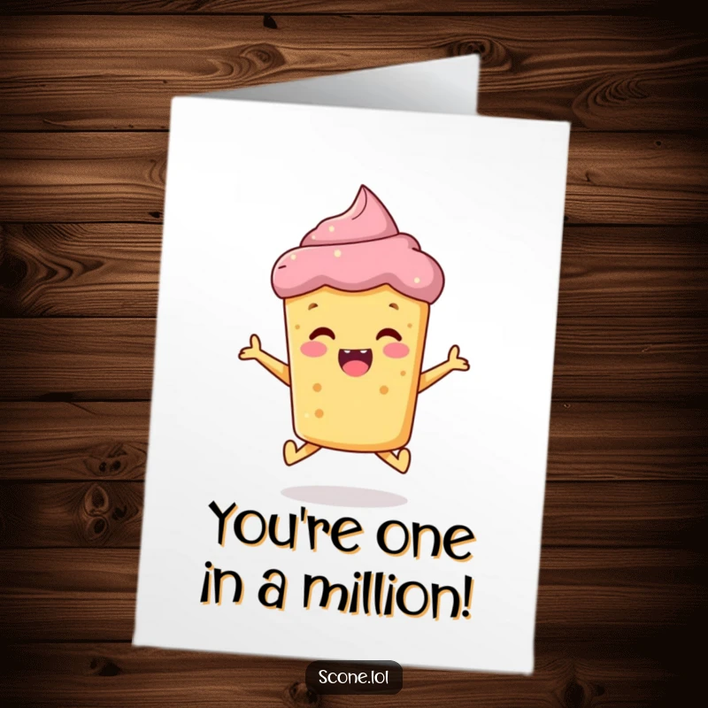 Funny Free Printable Congratulations Card: A gleeful scone leaping high in celebration of your amazing news.