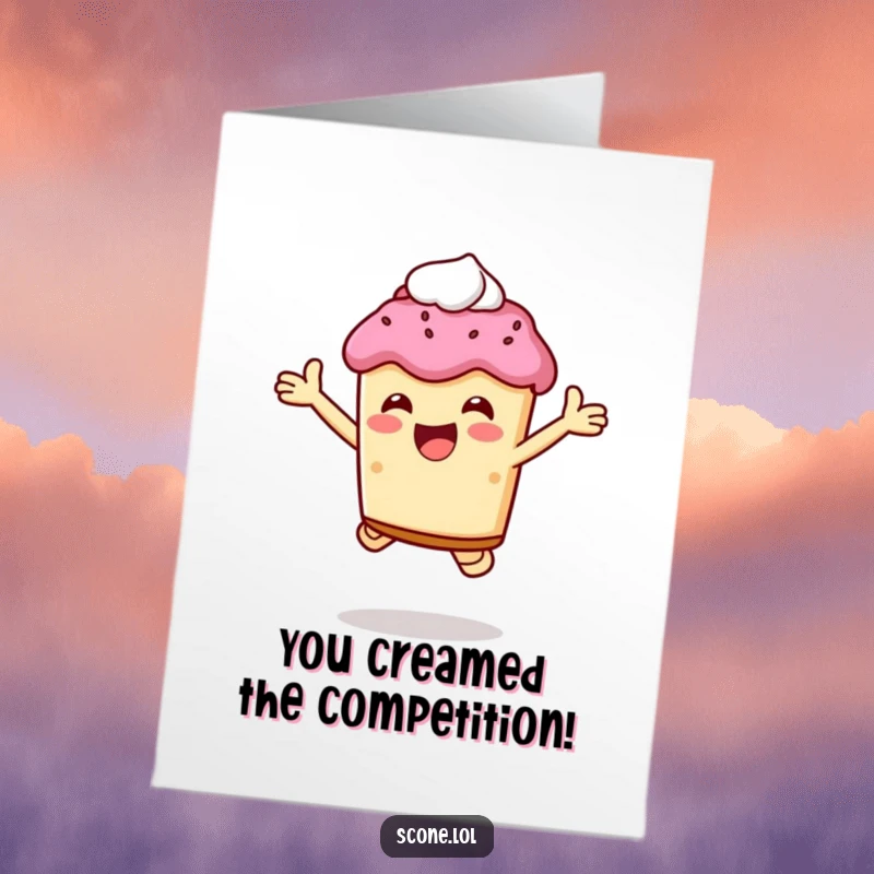 Funny Free Printable Congratulations Card featuring a scone character jumping with delight, holding a generous dollop of cream.