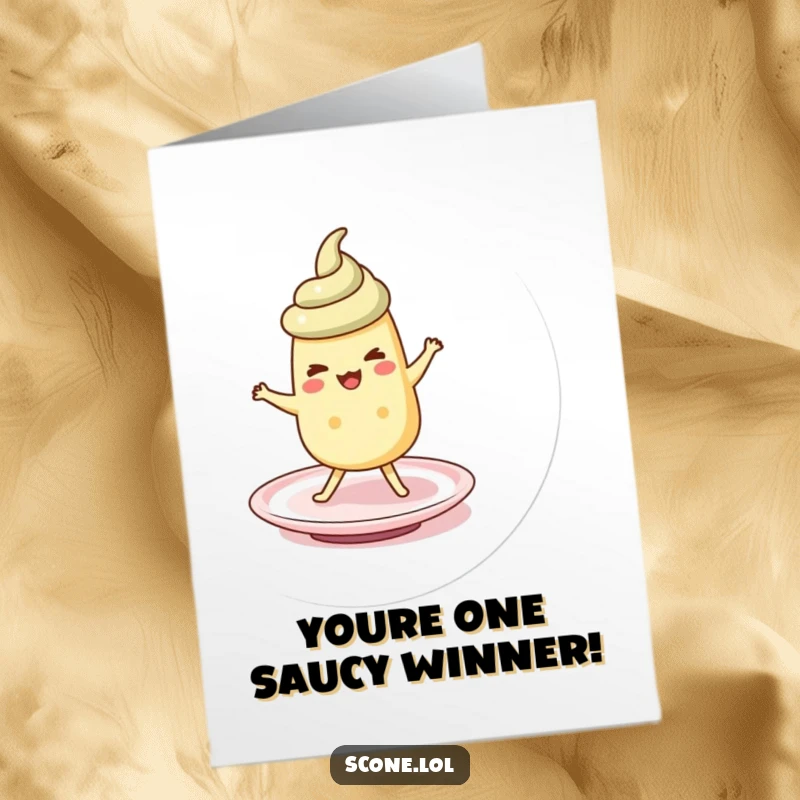 Funny Free Printable Congratulations Card featuring a scone character performing a lively, silly jig on top of a saucer.