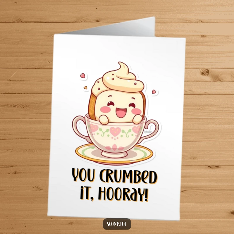 Funny Free Printable Congrats Card: A smiling scone character is captured mid-fall, tumbling hilariously from the edge of a teacup.