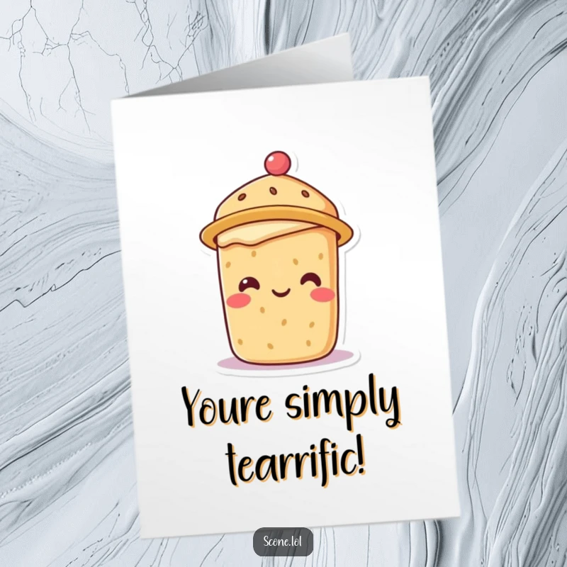 Funny Free Printable Congratulations Card showing a smiling scone character elegantly wearing a tiny, fashionable tea hat.