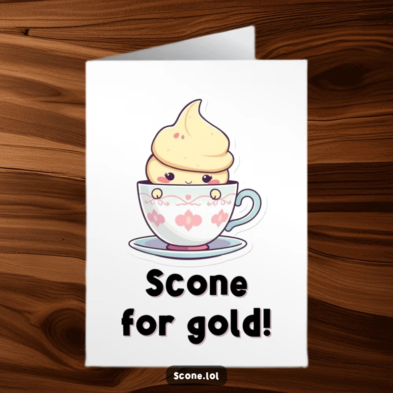 Funny Free Printable Congratulations Card: A scone character peeking curiously from behind a teacup, ready to celebrate.