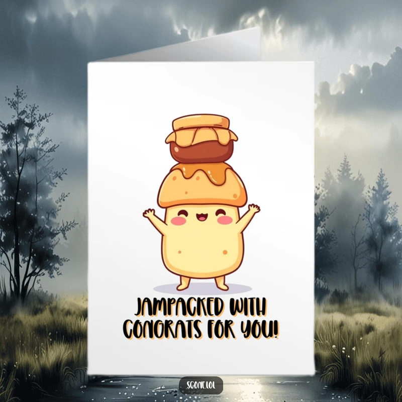 Funny Free Printable Congratulations Card: A scone balances a jam jar on its head, showcasing impressive and funny focus.