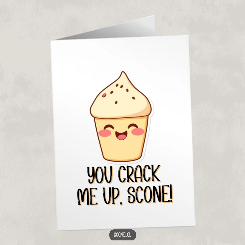 Funny free printable congratulations card showing a scone with rosy cheeks caught mid-giggle, celebrating success.