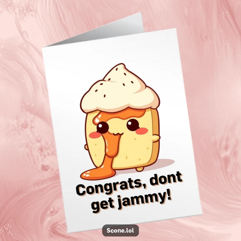 Funny Free Printable Congratulations Card: A scone character wears a look of comical bewilderment with jam smeared across its face.