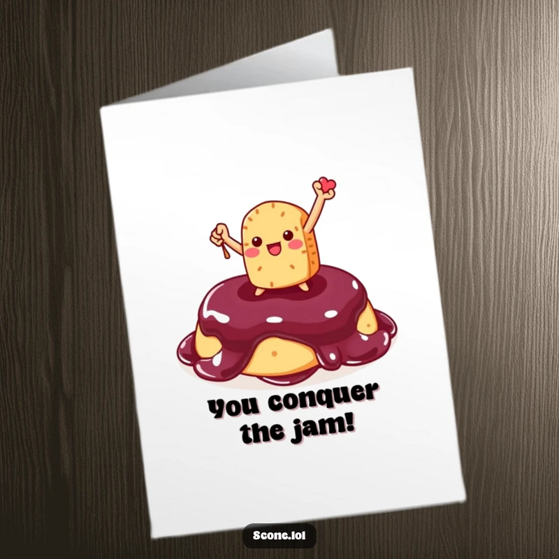 Funny Free Printable Scone Congratulations Card: Scone character striking a victorious pose on a generous jam topping.