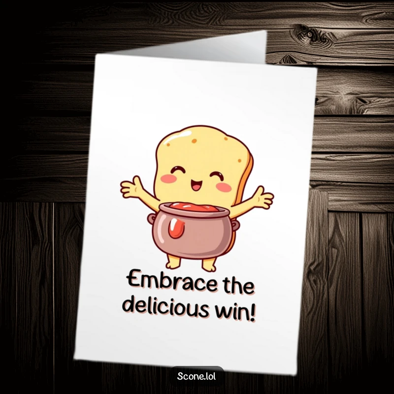 Funny Free Printable Scone Congratulations Card: Scone character enthusiastically hugging a pot of jam, celebrating an achievement.