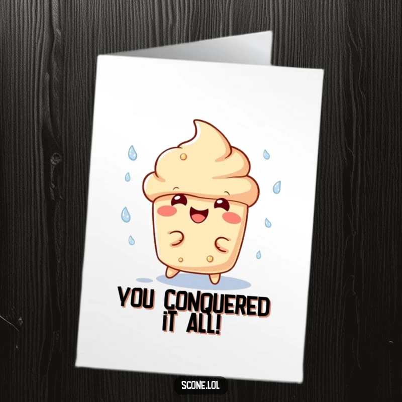 Funny free printable congratulations card with a grinning scone character humorously dodging raindrops as a quirky celebration.