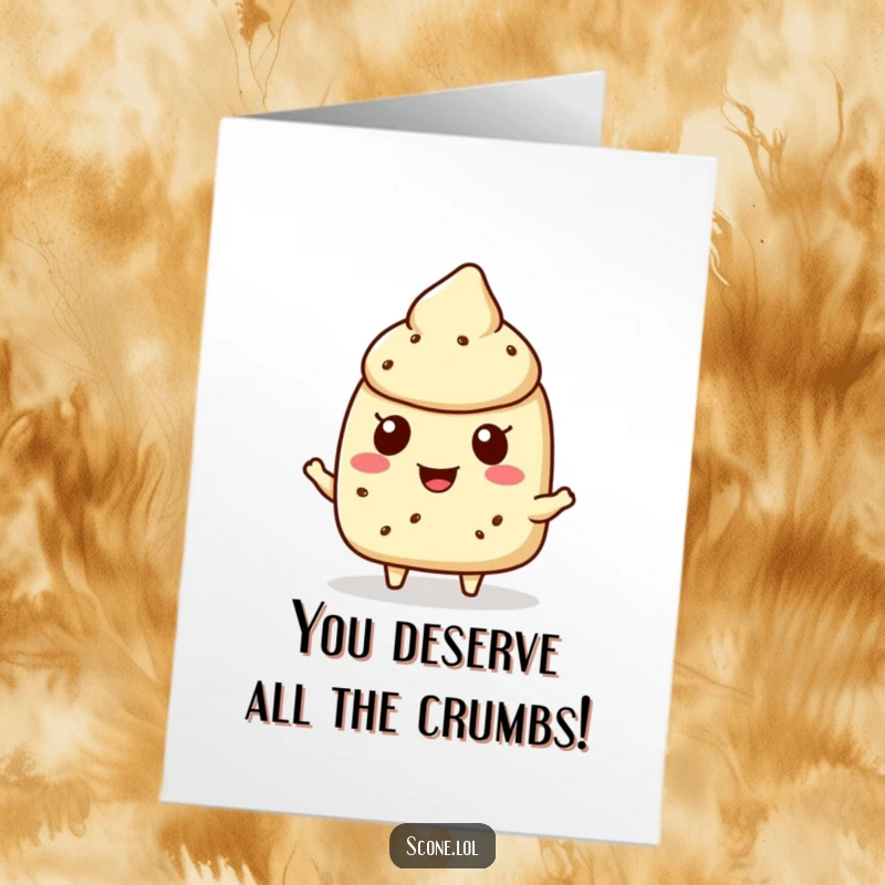 Funny Free Printable Congratulations Card featuring a scone character with a happy face, offering a tiny crumb as a treat.
