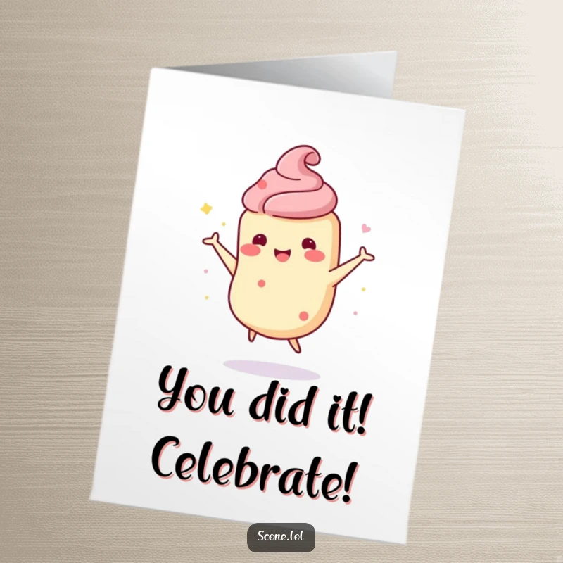 Funny Free Printable Congratulations Card showing a scone character enthusiastically doing a happy, wobbly dance.