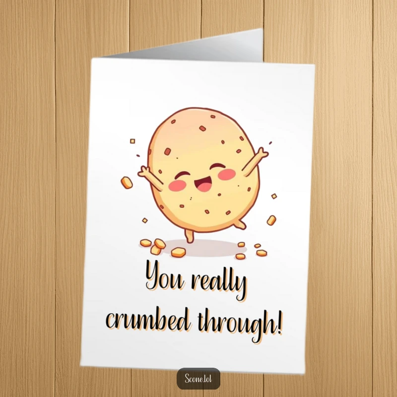 Funny free printable congratulations card of a scone performing a cartwheel with playful crumb scattering.