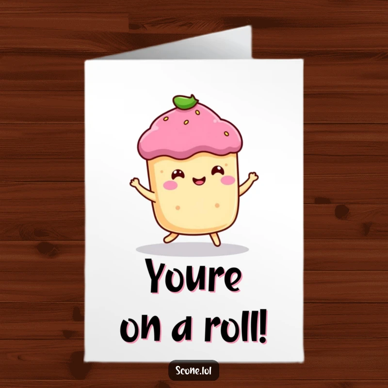 Funny Free Printable Congratulations Card: A joyful scone character bounces happily, celebrating your wonderful achievement.