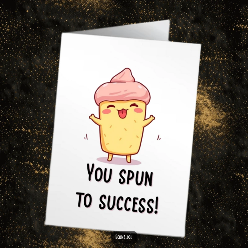 Funny Free Printable Congrats Card showing a scone with its tongue out, spinning with a silly face to celebrate.