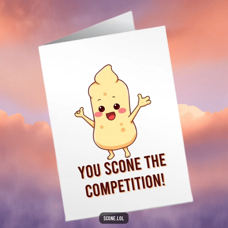 Funny Free Printable Congratulations Card: A scone character with tiny arms dancing joyfully, celebrating success.