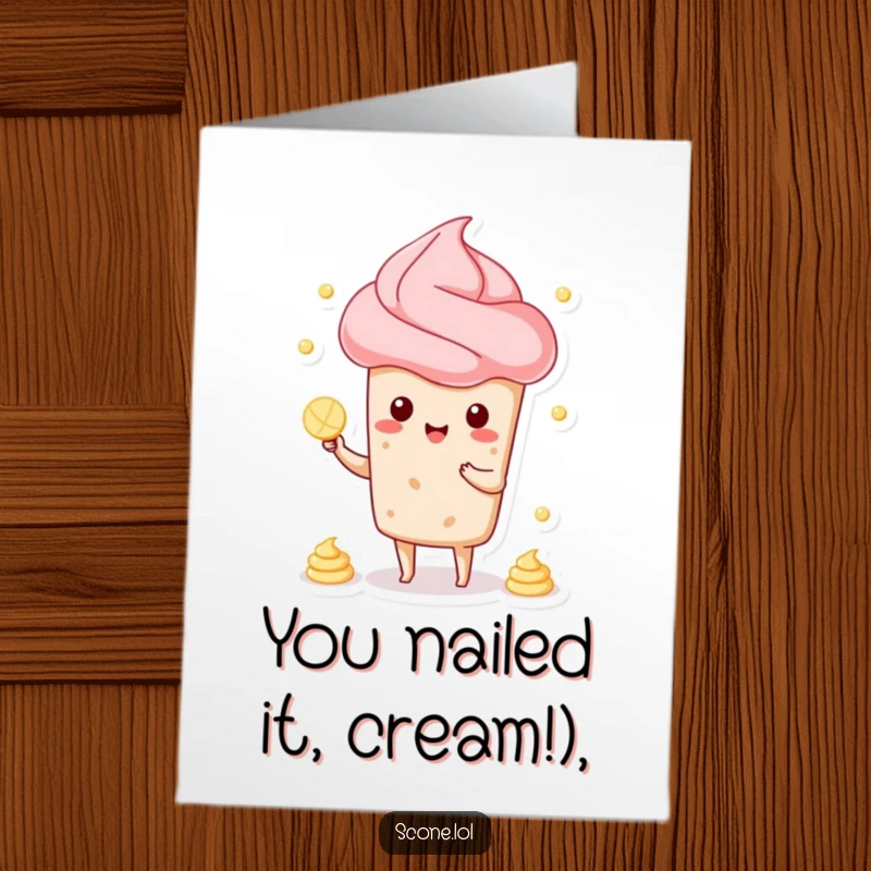 Funny Free Printable Congratulations Card: A scone character humorously juggles cream dollops, celebrating their win.