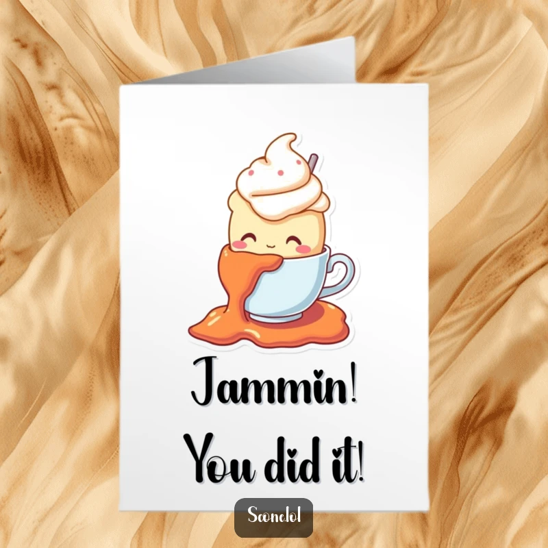 Funny Free Printable Congratulations Card: A scone character in a teacup hat hilariously slips on jam.