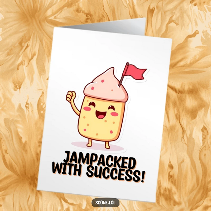 Funny free printable congratulations card showing a jubilant scone waving a tiny flag made from a jam jar.