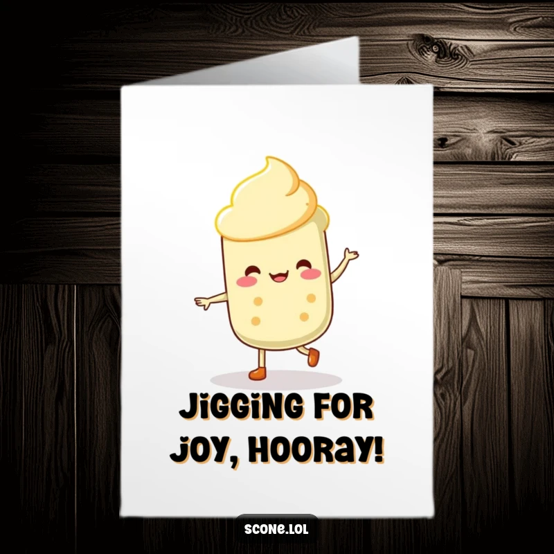 Funny Free Printable Congratulations Card: A happy scone character dances a merry jig, celebrating an achievement with infectious energy.