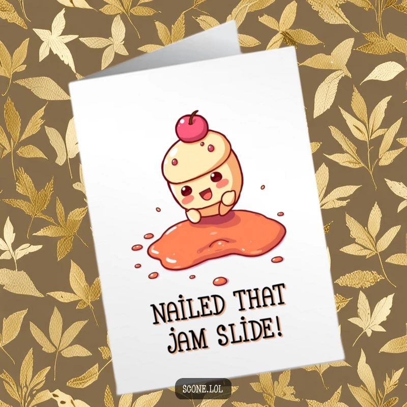 Funny Free Printable Congratulations Card: A scone character making a dramatic slide through a jam puddle, celebrating an achievement.