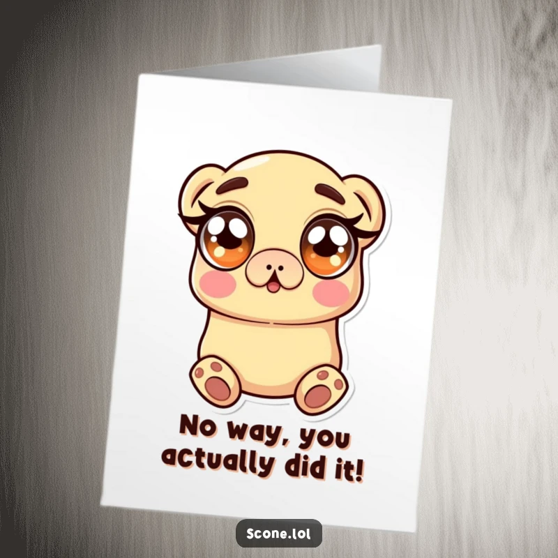 Funny Free Printable Congratulations Card with a scone character showing wide, sugary eyes in pure surprise, amazing news!