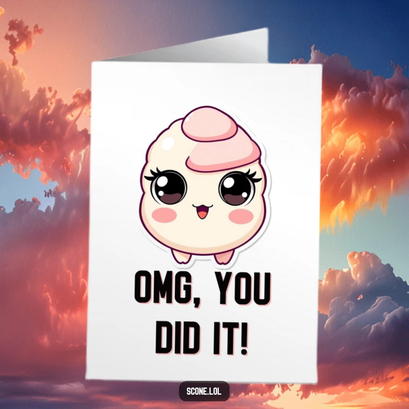 Funny Free Printable Congratulations Card: A scone character with comically wide eyes, showing extreme surprise at good news.