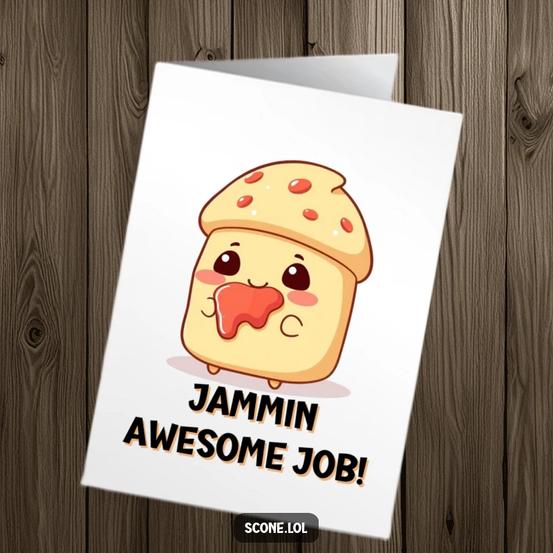 Funny Free Printable Congratulations Card: A scone character looks remarkably pleased despite having jam splattered happily across its face.