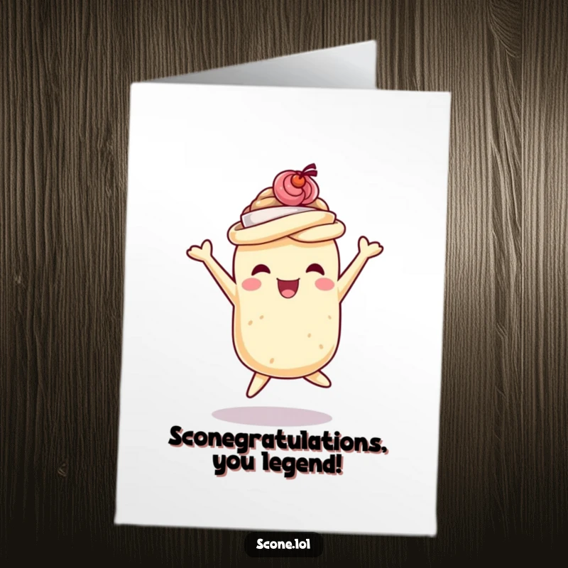 Funny Free Printable Congratulations Card: A scone sporting a teacup hat is joyfully leaping.